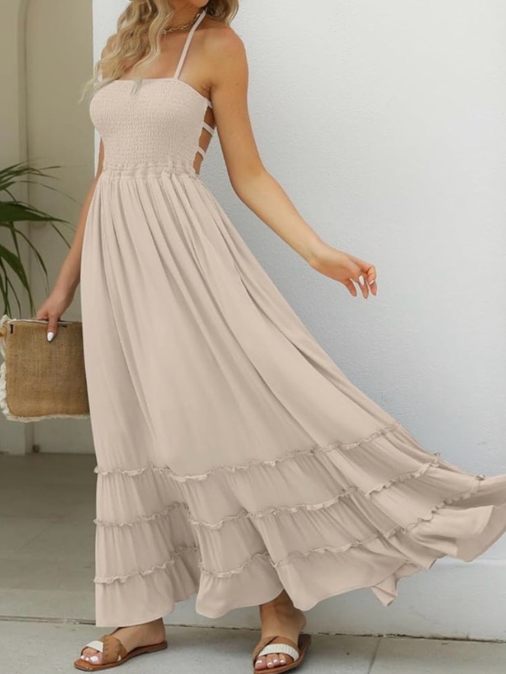 Beige Smocked Maxi Dress Boho Tiered Ruffle Strappy Back Flowy Summer | Size S - Picture 4 of 15
